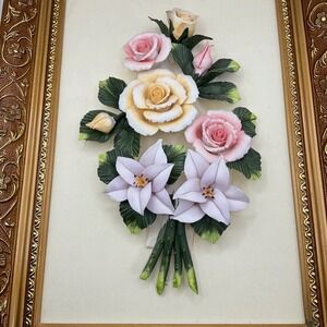 Capodimonte Ornate Gold Framed Porcelain Roses Lillies Flowers Wall Art 13 x 17